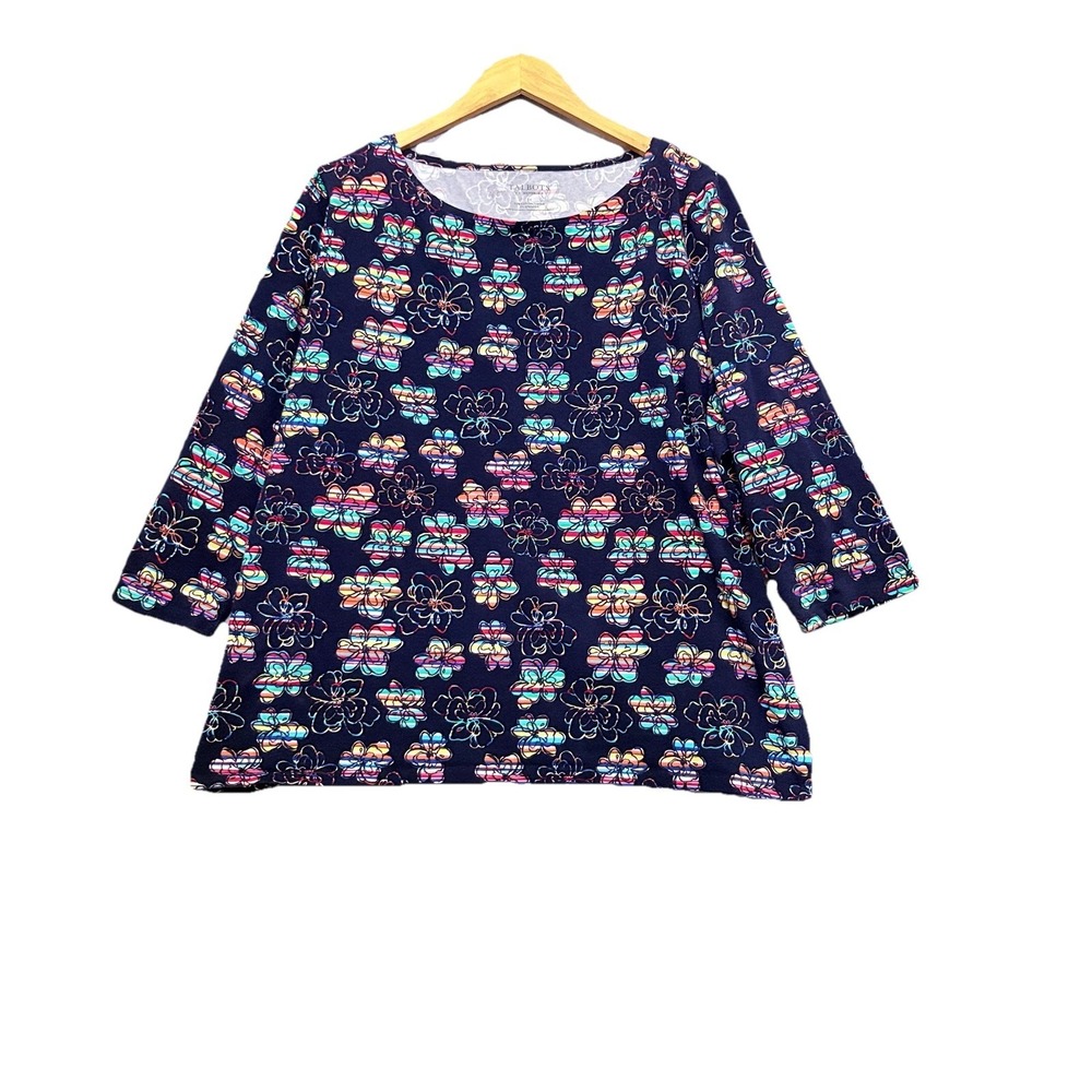 Talbots Womens T Shirt Size 3X Navy Rainbow Floral‎ Artsy Mature Wacky Everyday